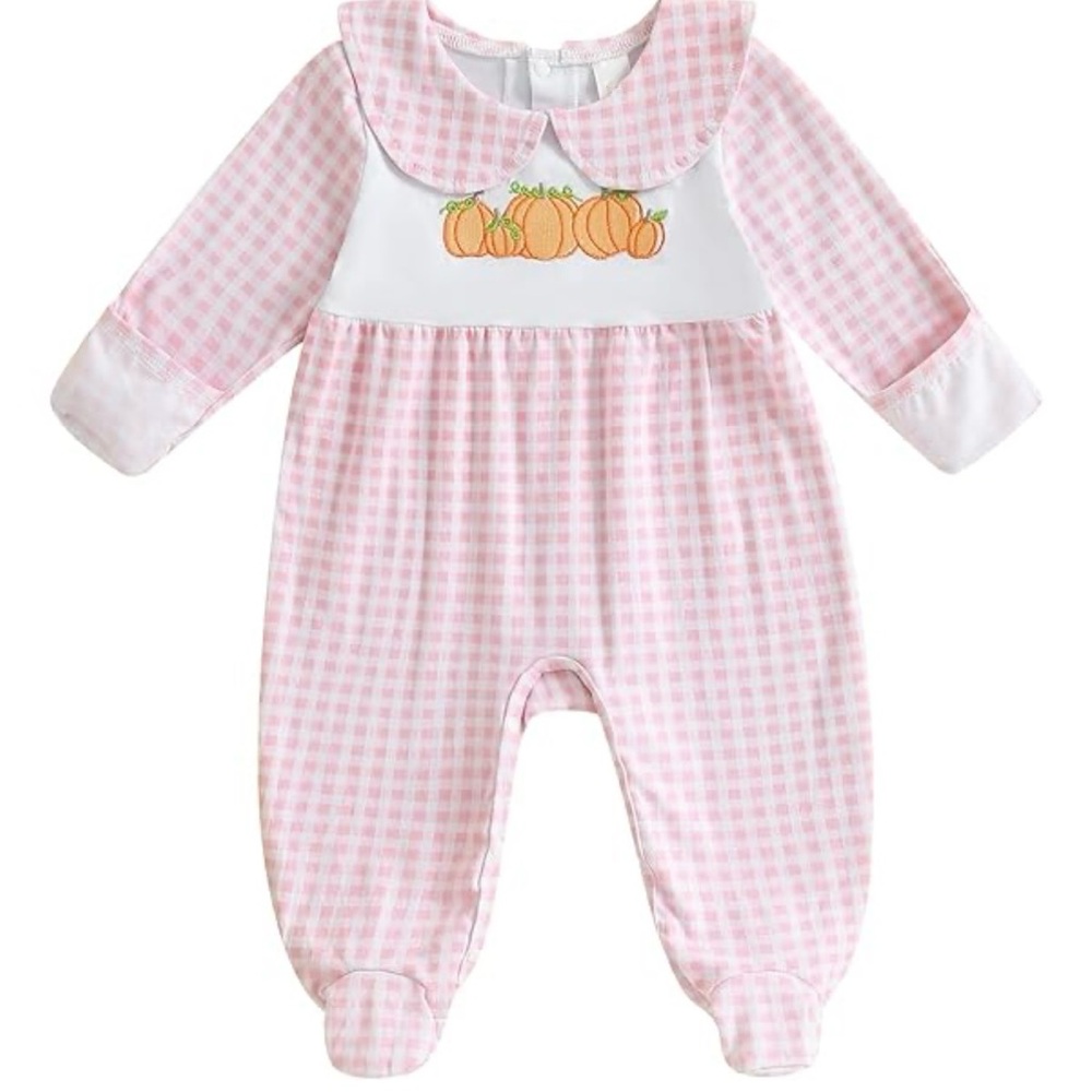 Pink Gingham Baby Bubble Romper Jumpsuit Halloween Pumpkin Fall Girls 3-6 Months